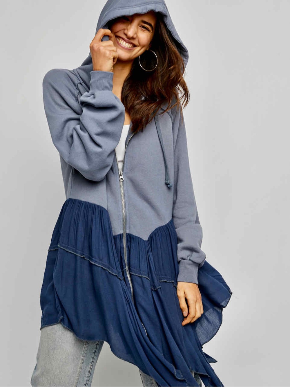 Free People Moon Dust Blue Hooded Zip-Up with Tiered Hem